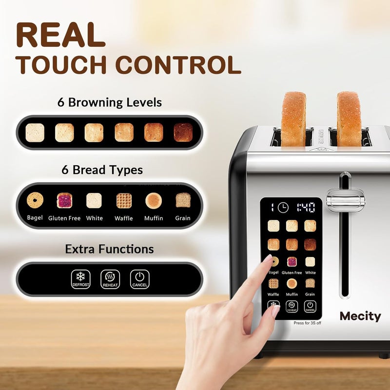 Mecity 2 Slice Touch Screen Toaster, 1.5" Wide Slot, Stainless Steel Smart Toaster for Bagels, Muffins, Waffles, Gluten-Free Breads, Defrost, Reheat, Timer, 120V 825W, Matt Black - Image 2